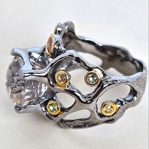 Handcrafted Unheated Kunzite 5.91ct & Sapphire 925 Sterling Silver Ring Sz 6.75